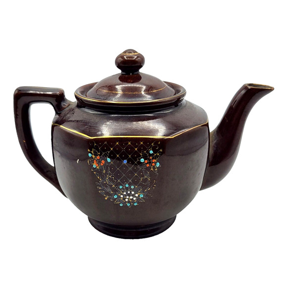 Vtg Hand Painted Teapot Redware Japan Moriage Brown Orange Blue Gold Trim 6.5x8 - Picture 6 of 14